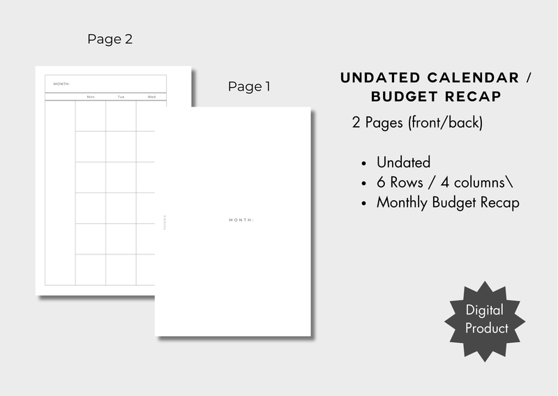 Undated Calendar / Budget Recap Inserts