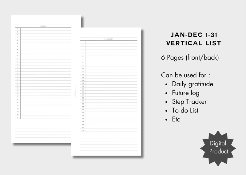 Jan-Dec 1-31 Vertical List Inserts