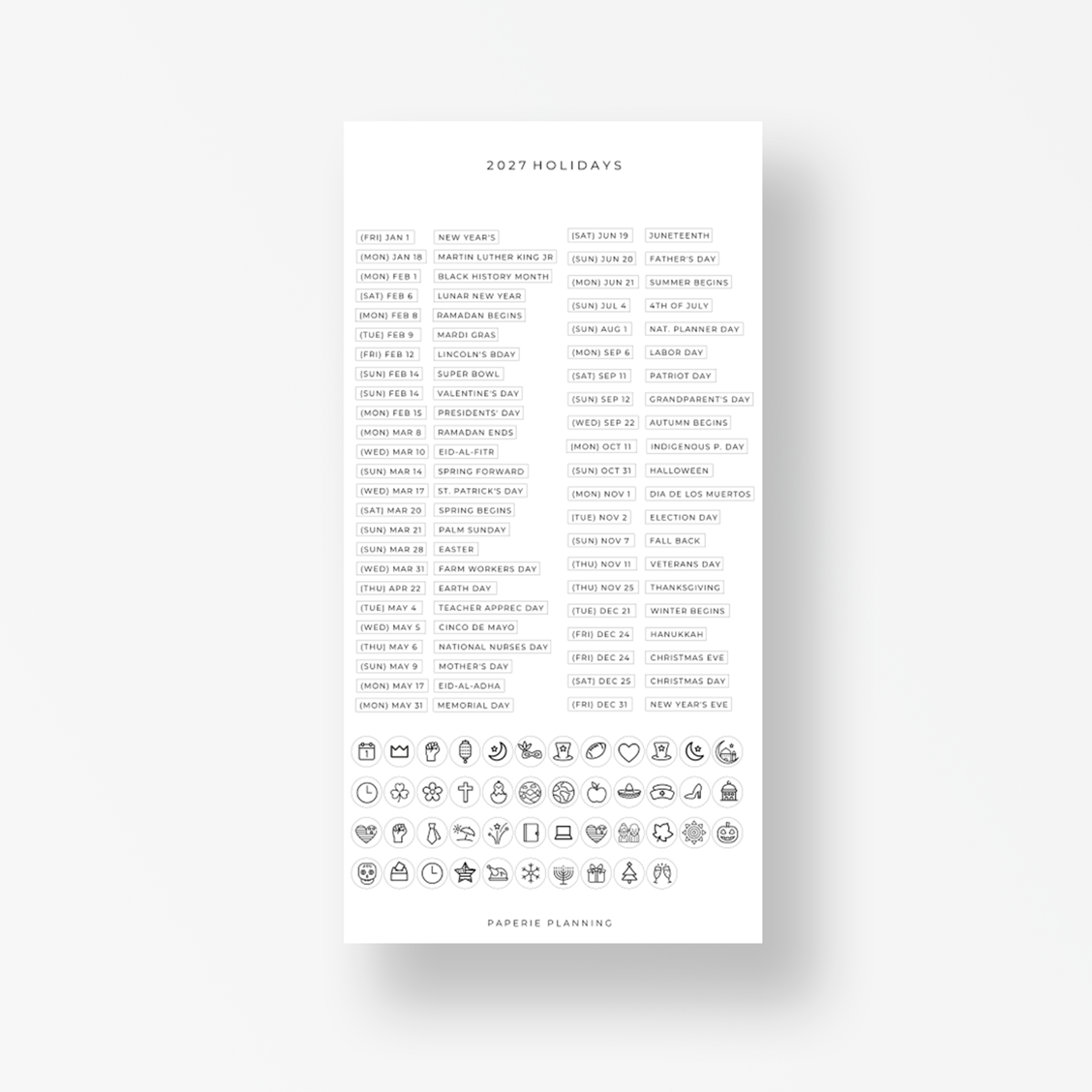 2027 Holiday Sheet